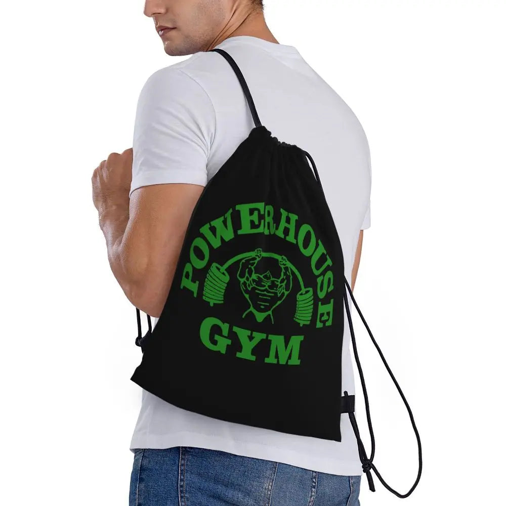 White Powerhouse Gym Drawstring Backpack Women Men Gym Sport Sackpack Portable Fitness Building Muscle Shopping Bag Sack