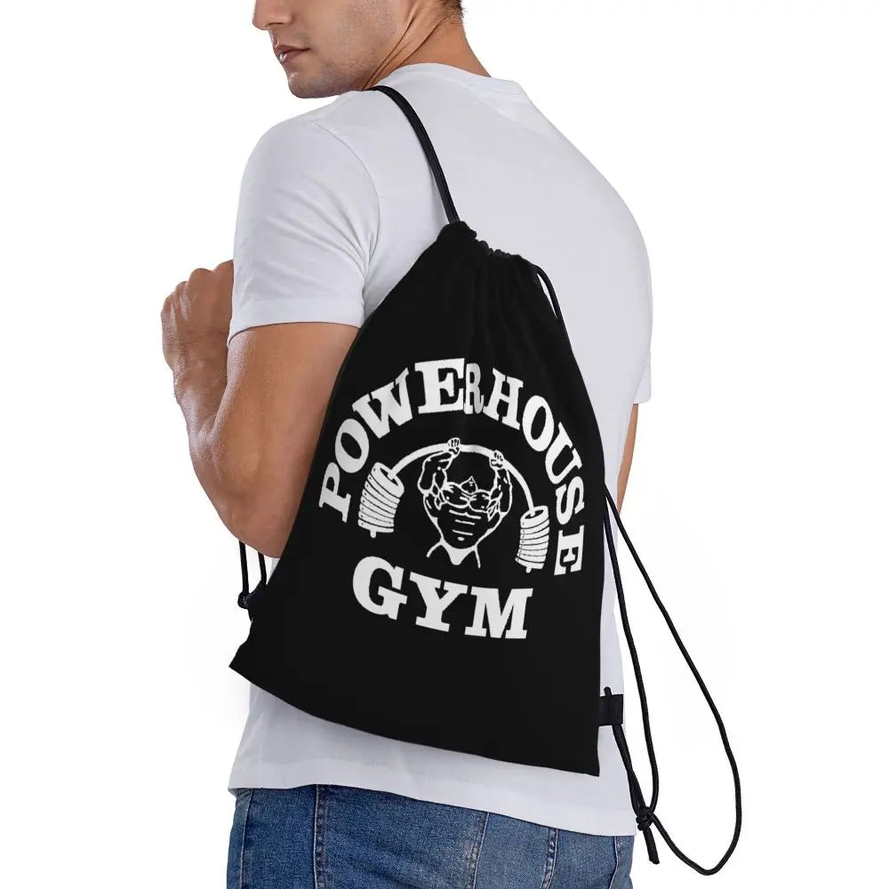 White Powerhouse Gym Drawstring Backpack Women Men Gym Sport Sackpack Portable Fitness Building Muscle Shopping Bag Sack