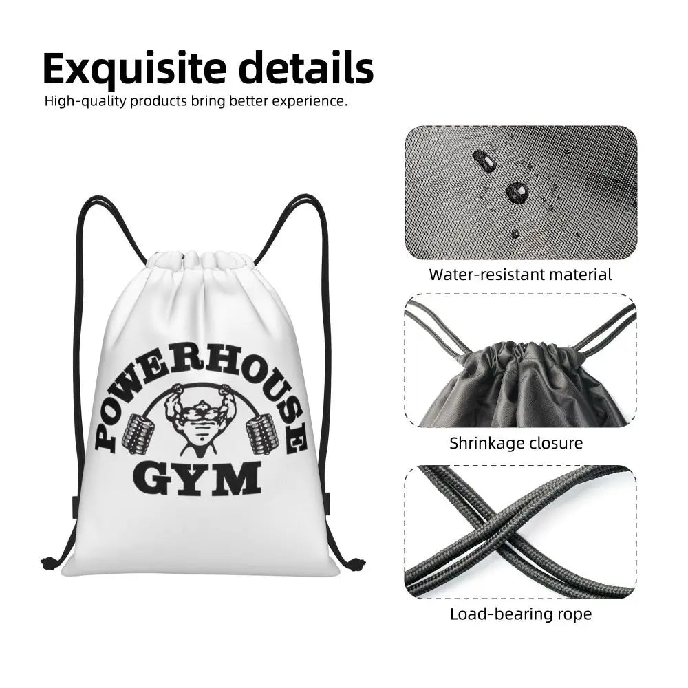 White Powerhouse Gym Drawstring Backpack Women Men Gym Sport Sackpack Portable Fitness Building Muscle Shopping Bag Sack