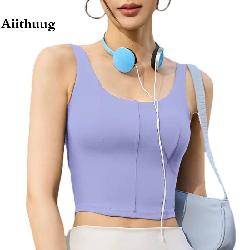 Aiithuug Yoga Crop Tops Build-in Cup Gym Tops Yoga Top Workout Yoga Bra U Neck Daily Wearing Gym Crops Fitness Soft Line Front