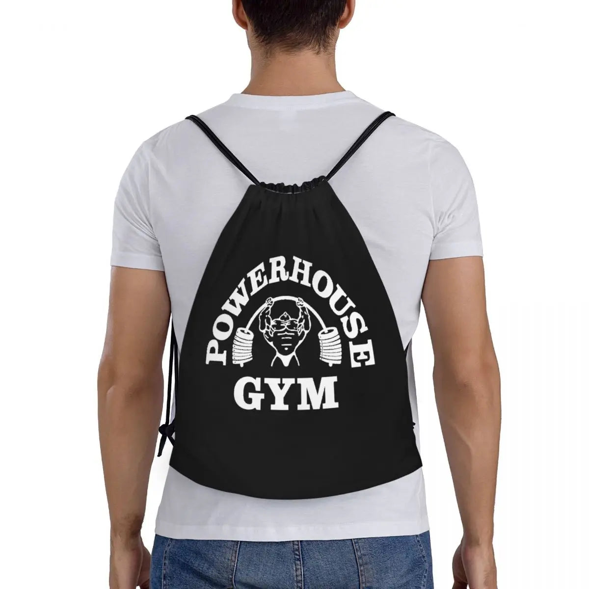 White Powerhouse Gym Drawstring Backpack Women Men Gym Sport Sackpack Portable Fitness Building Muscle Shopping Bag Sack