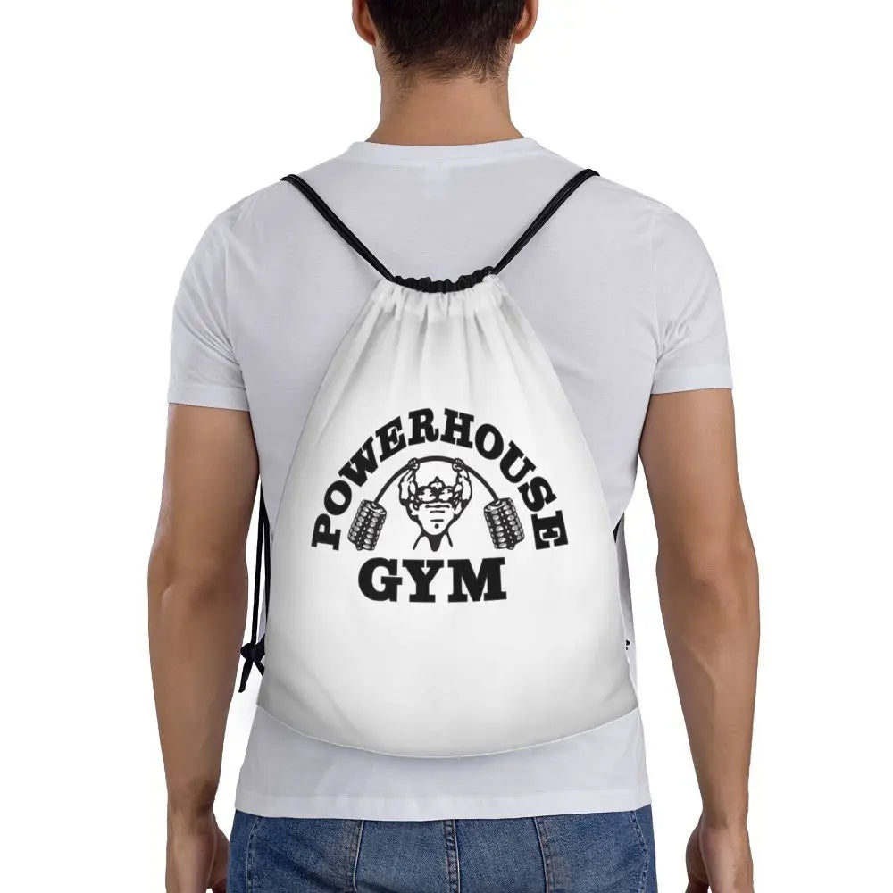 White Powerhouse Gym Drawstring Backpack Women Men Gym Sport Sackpack Portable Fitness Building Muscle Shopping Bag Sack