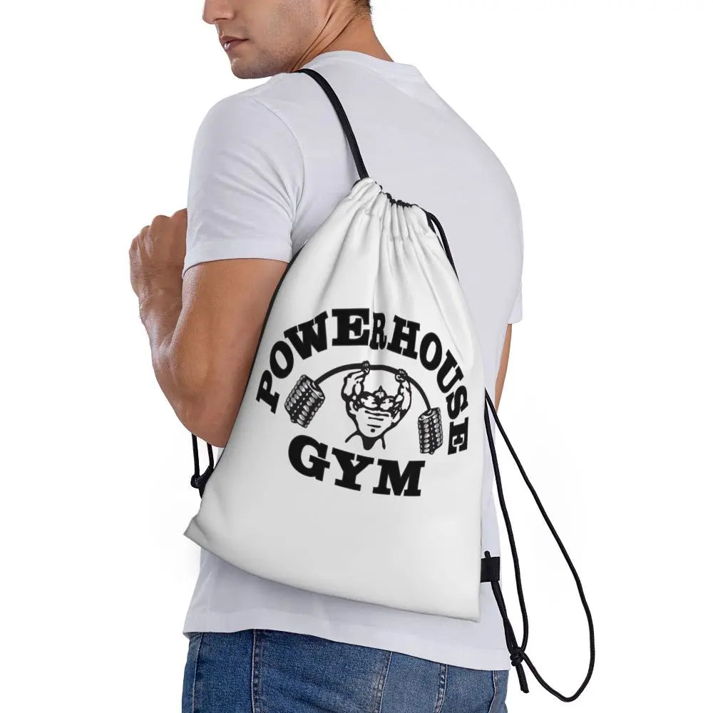 White Powerhouse Gym Drawstring Backpack Women Men Gym Sport Sackpack Portable Fitness Building Muscle Shopping Bag Sack